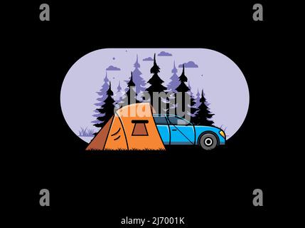 Campeggio notturno con disegno di illustrazione di automobile Illustrazione Vettoriale