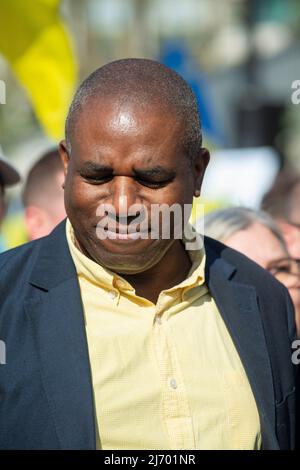 Il deputato di David Lammy a Londra si presenta con una manifestazione Ucraina, nel centro di Londra, per protestare contro l'invasione russa del presidente Vladimir Putin contro l'Ucraina. Foto Stock