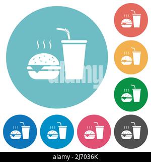 Menu fast food con cheeseburger e bevande icone bianche piatte su sfondi rotondi di colore Illustrazione Vettoriale