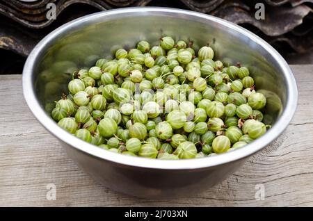 Uva spina matura in una ciotola metallica. Frutti di bosco freschi, cibo vegetariano. Harvest Concept, vista dall'alto Foto Stock