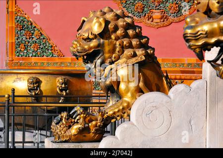 PECHINO - NOVEMBRE 01: Il leone custode d'oro nella Città Proibita a Pechino, Novembre 01. 2013 in Cina. Foto Stock