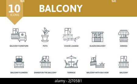 Icona Balcony Set. Contiene illustrazioni del balcone come pentole, balcone con vetri, fiori del balcone e molto altro. Illustrazione Vettoriale