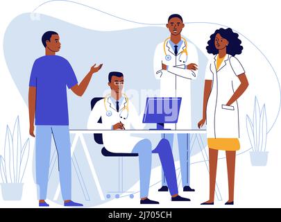 Medici praticanti nero giovane uomo e donna in ospedale medico ufficio. Consultazione e diagnosi. Illustrazione Vettoriale