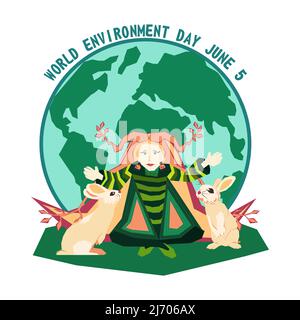 World Environment Day o Earth Day Concept. Salvare il nostro pianeta. Prendersi cura della Terra. Giornata mondiale del clima. Madre Terra. Vettore cartoon stilizzato grafico desi Illustrazione Vettoriale