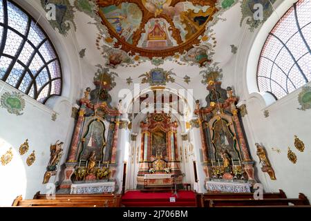 Germania Baviera strada Romantica. Fussen. Heilig-Geist-Spitalkirche (Chiesa dell'ospedale dello Spirito Santo) Foto Stock