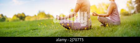 Due donne sedute in abbigliamento attivo in posizione lotus in natura. Foto Stock