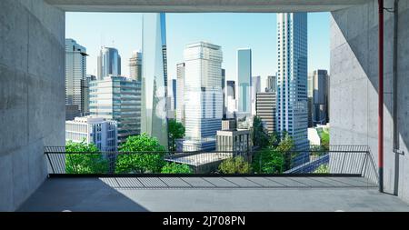 Balcone dal design moderno con sfondo urbano. 3d rendering Foto Stock