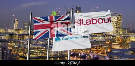 La bandiera dell'Unione, gli elettori si dirigono alle elezioni in tutto il Regno Unito, o Union Jack, è la bandiera nazionale del Regno Unito. Foto Stock