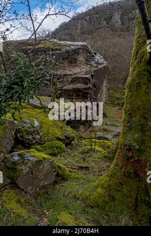 Il Bowder Stone in primavera Borrowdale Valley Lake District National Park Cumbria Inghilterra Regno Unito GB Gran Bretagna Foto Stock