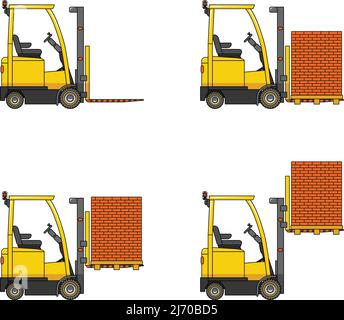 Illustrazione dettagliata di carrelli elevatori, attrezzature pesanti e macchinari Illustrazione Vettoriale