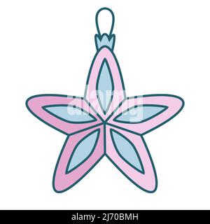 Giocattolo dell'albero di Natale a forma di stella. Oggetto arredamento vacanza in stile piano lineare. Illustrazione Vettoriale