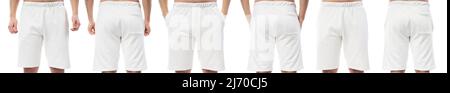 Collage da diversi lati dell'uomo che indossa pantaloncini bianchi per un design su sfondo bianco Foto Stock
