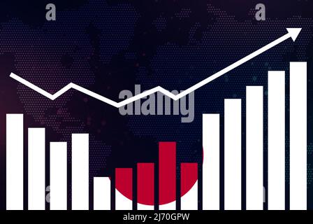 Grafico a barre Giappone con alti e bassi, valori crescenti, bandiera del paese giapponese sul grafico a barre, freccia crescente verso l'alto sui dati, idea banner notizie, sviluppare Foto Stock