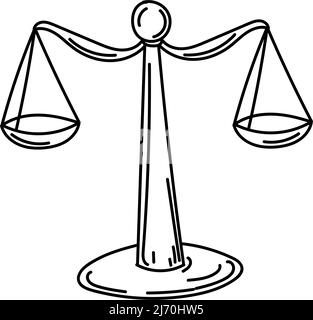 Scala il segno di fairness, scala il noodle disegnato a mano nello stile di schizzo. L'equilibrio della valutazione del processo giudiziario in materia giuridica. Corte. Diritti. Giustizia Illustrazione Vettoriale