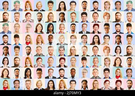Panorama dei ritratti dei dipendenti di diverse professioni di fronte a uno sfondo pastello Foto Stock