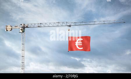 Gru da cantiere con bandiera rossa che mostra il simbolo dell'euro Foto Stock