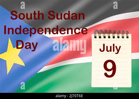 La celebrazione della Giornata dell'Indipendenza del Sud Sudan con la bandiera e il calendario che indica il 9 luglio Foto Stock
