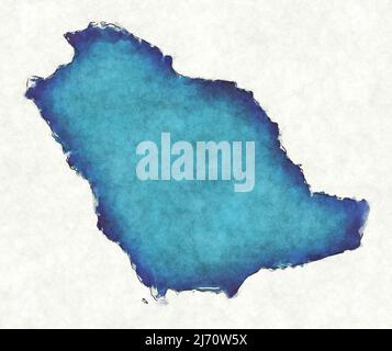 Mappa dell'Arabia Saudita con linee tracciate e illustrazione dell'acquerello blu Foto Stock