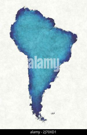 Mappa del Sud America con linee tracciate e illustrazione dell'acquerello blu Foto Stock