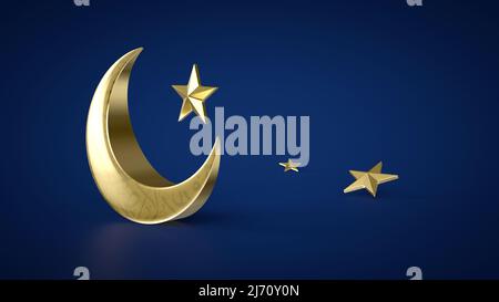 3D illustrazione Ramadan Kareem sfondo con mezzaluna e stelle, mese santo, Ramadan Kareem, Eid Mubarak, 3D rendering Foto Stock