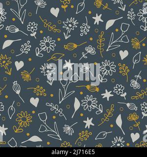 Disegno vettoriale senza cuciture con piccoli fiori su sfondo blu. Carta da parati floreale disegnata a mano. Tessuto decorativo retrò moda. Illustrazione Vettoriale