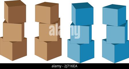 set di scatole di cartone in due colori marrone e blu con sfondo bianco Illustrazione Vettoriale