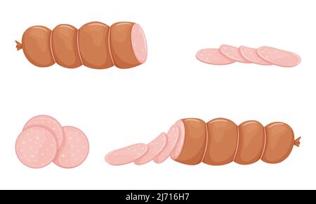 Set di salsiccia bollita rosa, salsiccia intera, metà, a fette. Cibo, piatto di carne pronto all'uso. Stile piatto. Illustrazione vettoriale a colori isolata su un whit Illustrazione Vettoriale