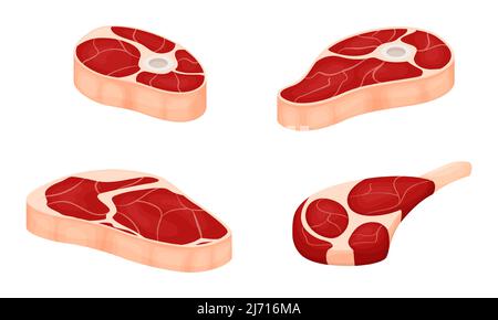 Un set di pezzi di carne cruda con strati di grasso. Articolazione con osso, lama di spallamento, filetto. Ingredienti di carne freschi. L'illustrazione del vettore cartoon piatto è Illustrazione Vettoriale