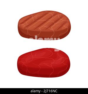 Un pezzo di carne di filetto fresco con striature e un pezzo di carne alla griglia. Ingredienti di cibo di carne. Illustrazione vettoriale cartoon piatta isolata su un bac bianco Illustrazione Vettoriale