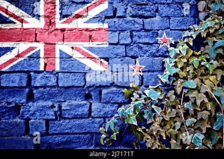 Nuova bandiera zeland grunge su muro di mattoni con pianta di edera, simbolo di paese concetto Foto Stock