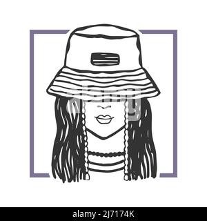 Illustrazione vettoriale di moda di ragazze alla moda con pigtail sottili e indossare un cappello panama. Moda casual. Illustrazione Vettoriale