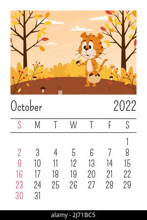 Modello di progettazione per il calendario del 2022 ottobre. Carino tigre cartoon raccoglie i funghi nella foresta. Paesaggio autunnale. Il simbolo dell'anno. ANI Illustrazione Vettoriale
