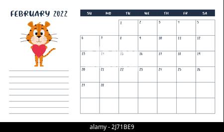 Modello di pagina del calendario orizzontale per il mese di febbraio 2022 con un simbolo dell'anno cinese del cartone animato. La settimana inizia la domenica. Una tigre tiene un cuore in esso Illustrazione Vettoriale