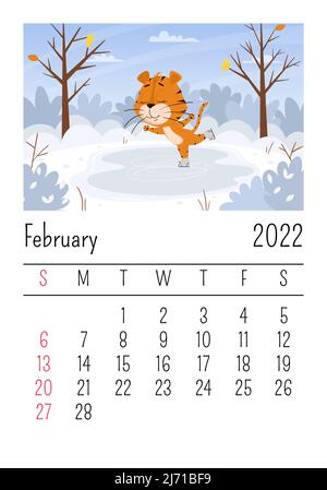 Modello di progettazione. Calendario del 2022 febbraio. Carino tigre cartoon sta pattinando sulla pista di pattinaggio nella foresta. Paesaggio invernale. Il simbolo dell'anno. Anima Illustrazione Vettoriale