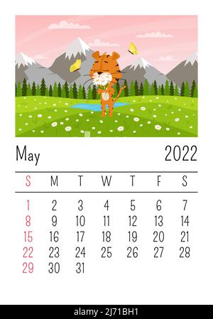 Modello di progettazione. Calendario del 2022 maggio. Carino tigre cartoon fiutano fiori sullo sfondo di montagne e campi. Paesaggio primaverile. Il simbolo di Illustrazione Vettoriale