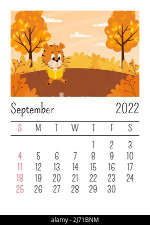 Design template.Calendar per 2022, settembre. Una tigre carina di cartoni animati è seduta sotto un albero che legge un libro. Paesaggio autunnale. Il simbolo dell'anno. R Illustrazione Vettoriale