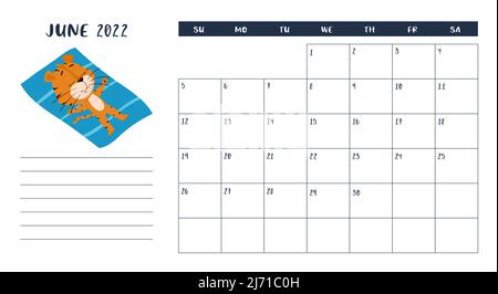 Modello di pagina del calendario orizzontale per il mese di giugno 2022 con un cartoon simbolo dell'anno cinese. La settimana inizia la domenica. Tiger sole sul tappeto Illustrazione Vettoriale