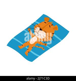 La tigre sta prendendo il sole, sdraiata su un asciugamano. Carino personaggio cartoon. La tigre è il simbolo dell'anno 2022. Illustrazione vettoriale per childr Illustrazione Vettoriale