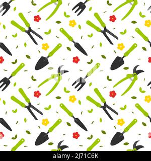 Modello senza giunture con attrezzi da giardino, vanga, potatrice, forbici, fiori e foglie. Illustrazioni vettoriali a cartoni animati a colori isolati su un dorso bianco Illustrazione Vettoriale