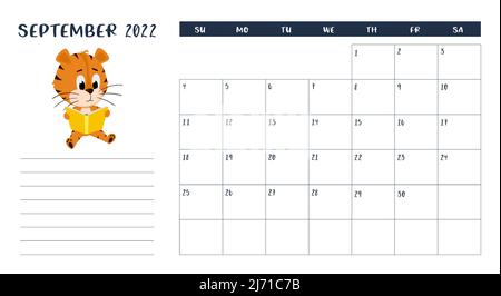 Modello di pagina orizzontale del calendario desktop per settembre 2022 con un simbolo dell'anno cinese del cartone animato. La settimana inizia la domenica. Tiger legge un libro Illustrazione Vettoriale