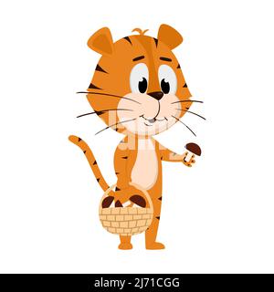 Tiger raccoglie i funghi in un cestino. Carino personaggio cartoon. La tigre è il simbolo dell'anno 2022. Illustrazione vettoriale per bambini. Isolato su Illustrazione Vettoriale