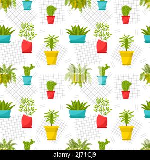 Modello senza giunture con piante domestiche in vaso. Home fiori, ficus, cactus, munghie, aloe, fern. Primavera brillante, motivo estivo. Semplice vettore cartoon piatto Illustrazione Vettoriale