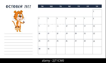 Modello di pagina orizzontale del calendario desktop per ottobre 2022 con un cartoon simbolo dell'anno cinese. La settimana inizia la domenica. Tiger raccoglie funghi Illustrazione Vettoriale
