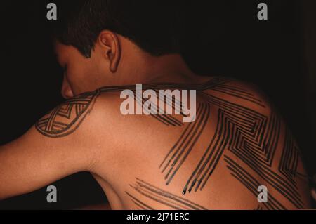 Giovane uomo tribale con il suo corpo dipinto con arte tribale Baixo Amazonas, Rio Xingu, Amazzonia brasiliana, 2007. Foto Stock