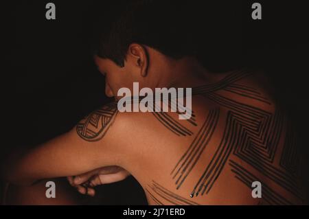 Giovane uomo tribale con il suo corpo dipinto con arte tribale Baixo Amazonas, Rio Xingu, Amazzonia brasiliana, 2007. Foto Stock