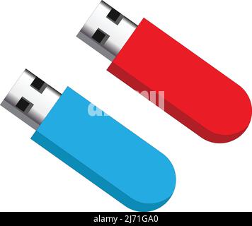 Unità penna USB blu e rossa, unità flash isolata. Con sfondo bianco Illustrazione Vettoriale