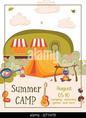 Summer Camp concetto con handdrawn scritte, campeggio e viaggiare in vacanza con diverse apparecchiature quali tenda, zaino e altri. Poster in Illustrazione Vettoriale