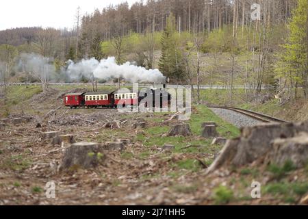 05 maggio 2022, Sassonia-Anhalt, Elend: Un treno speciale della Harzer Schmalspurbahn GmbH è trainato dalla locomotiva Mallet del 99 5906. È l'ultimo mazzetto operativo di questo tipo a funzionare sull'HSB. A 104 anni di età, è ora in pensione. A partire da oggi, ci sarà una serie di viaggi speciali come tour di addio per la locomotiva a vapore. A partire da metà maggio, la locomotiva non sarà più utilizzata. Foto: Matthias Bein/dpa Foto Stock