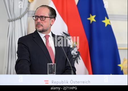 Foyer stampa dopo il Consiglio dei Ministri con il Ministro degli Esteri Alexander Schallenberg Foto Stock