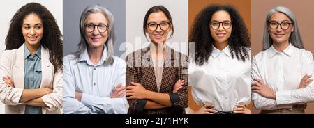 Banner collage con foto di donne d'affari fiduciose in abbigliamento casual elegante, diverse donne ambiziose dipendenti diversi ufficio in piedi con le braccia attraversate isolato Foto Stock